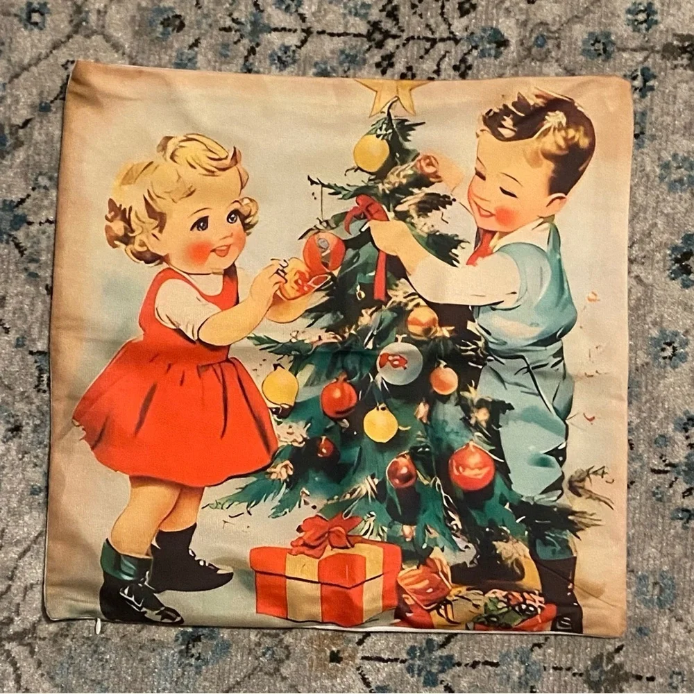 Four 17x17 Retro Style Christmas Pillow Covers w/Zipper Closure- Child Featured